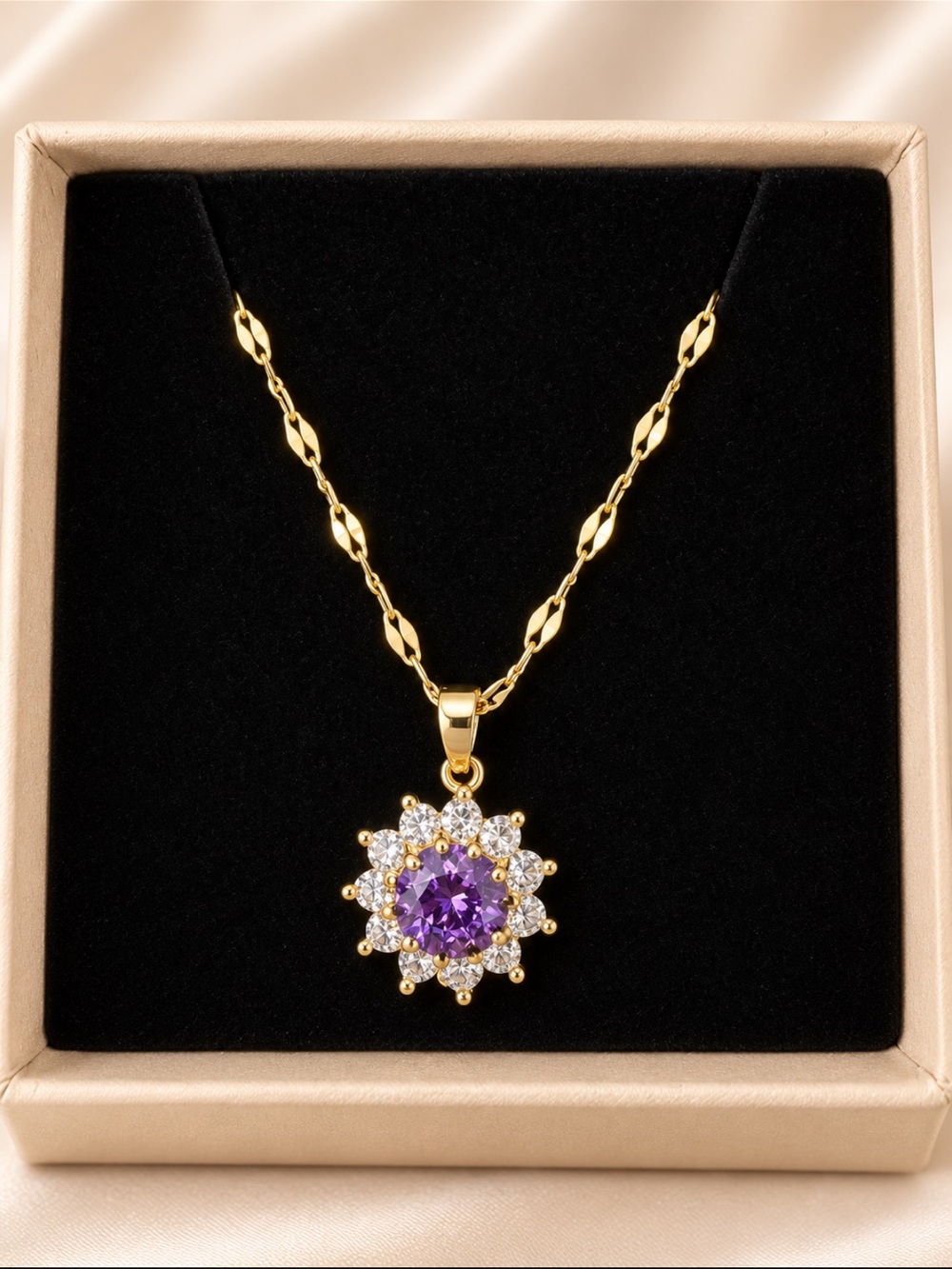 Gold Plated Necklace with Purple Gem Halo Pendant